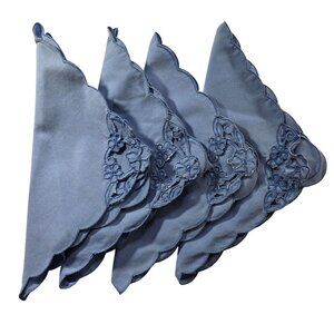 Four napkins four matching placemats Blue Fabric Scalloped Edges Floral Detail